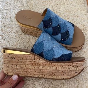 chloe 40 denim blue cork wedge espadrille block